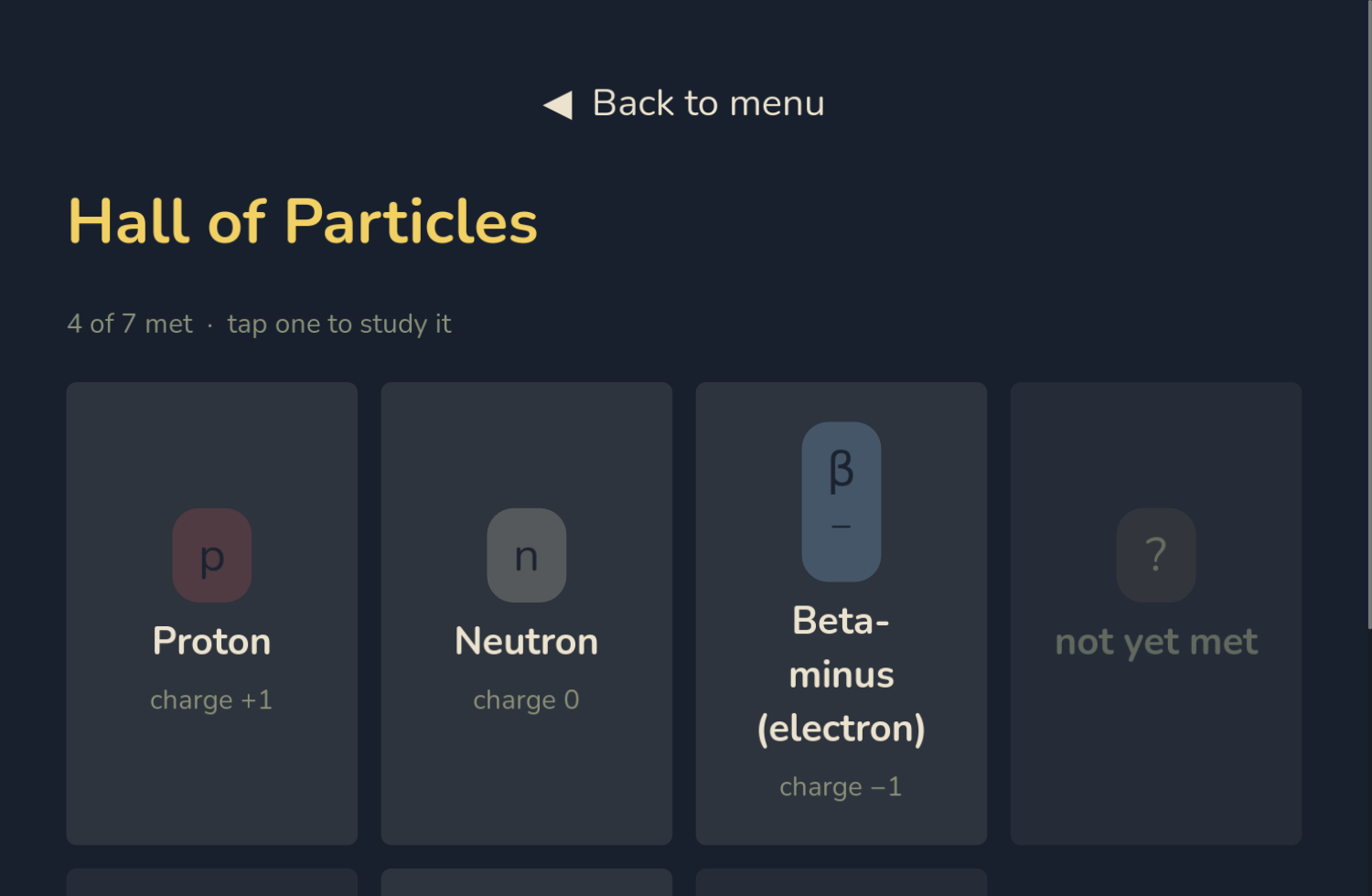 The Hall of Particles, showing the proton, neutron and beta particle in their honest colours.